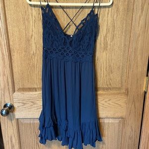 Lace-Trim Spaghetti Strap Navy Dress